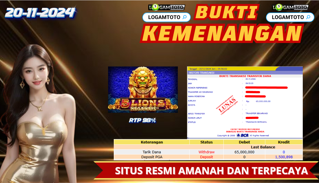 SELAMAT KEPADA MEMBER SETIA LOGAMTOTO BERHASIL JACKPOT DI PERMAINAN 5LIONS DI PRAGMATIC PLAY